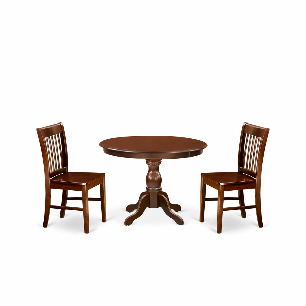East West Furniture HBNF3-MAH-W 3 Piece Dining Set Contains a Round Dining Room Table with Pedestal and 2 Wood Seat Chairs, 42x42 Inch, Mahogany