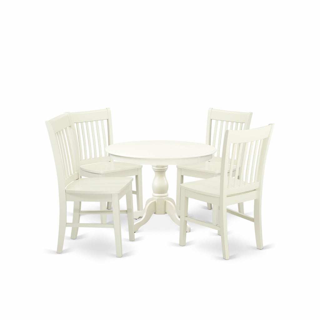 East West Furniture HBNF5-LWH-W 5 Piece Modern Dining Table Set Includes a Round Wooden Table with Pedestal and 4 Dining Room Chairs, 42x42 Inch, Linen White