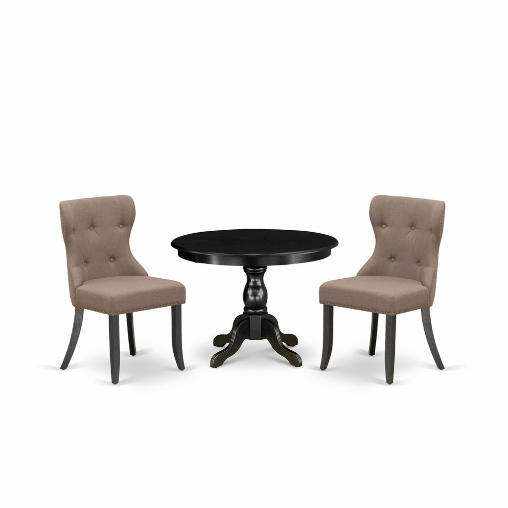 East West Furniture HBSI3-ABK-48 3 Piece Dining Room Furniture Set Contains a Round Dining Table with Pedestal and 2 Coffee Linen Fabric Upholstered Chairs, 42x42 Inch, Wirebrushed Black