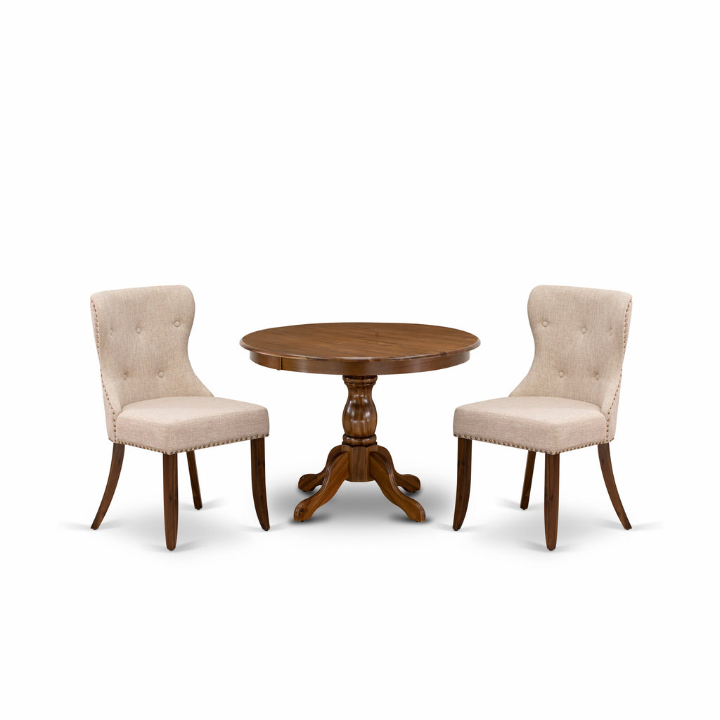 East West Furniture HBSI3-AWA-04 3 Piece Dining Set Contains a Round Dining Room Table with Pedestal and 2 Light Tan Linen Fabric Upholstered Chairs, 42x42 Inch, Walnut