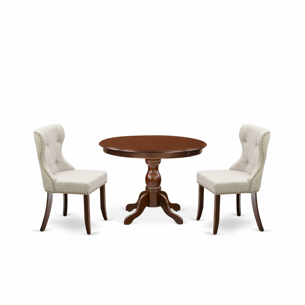 East West Furniture HBSI3-MAH-35 3 Piece Dining Set Contains a Round Dining Room Table with Pedestal and 2 Doeskin Linen Fabric Upholstered Parson Chairs, 42x42 Inch, Mahogany