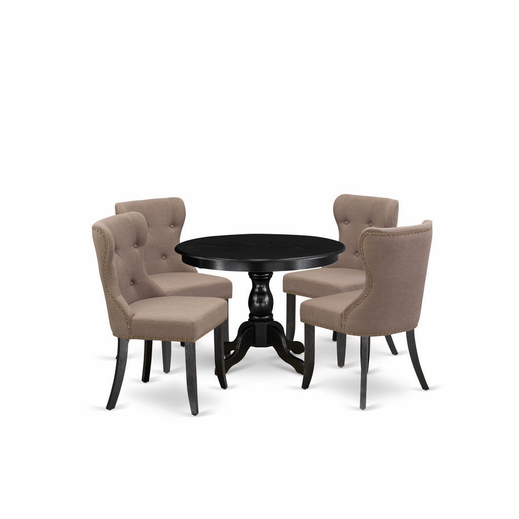 East West Furniture HBSI5-ABK-48 5 Piece Dining Room Furniture Set Includes a Round Dining Table with Pedestal and 4 Coffee Linen Fabric Upholstered Chairs, 42x42 Inch, Wirebrushed Black