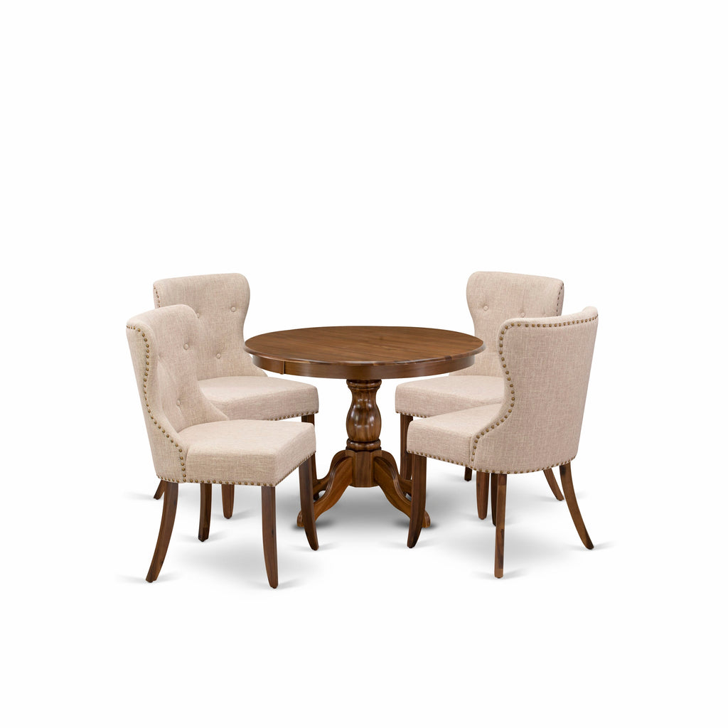 HBSI5-AWA-04 5Pc Dining Room Set - 42" Round Table and 4 Parson Dining Chairs - Antique Walnut Color