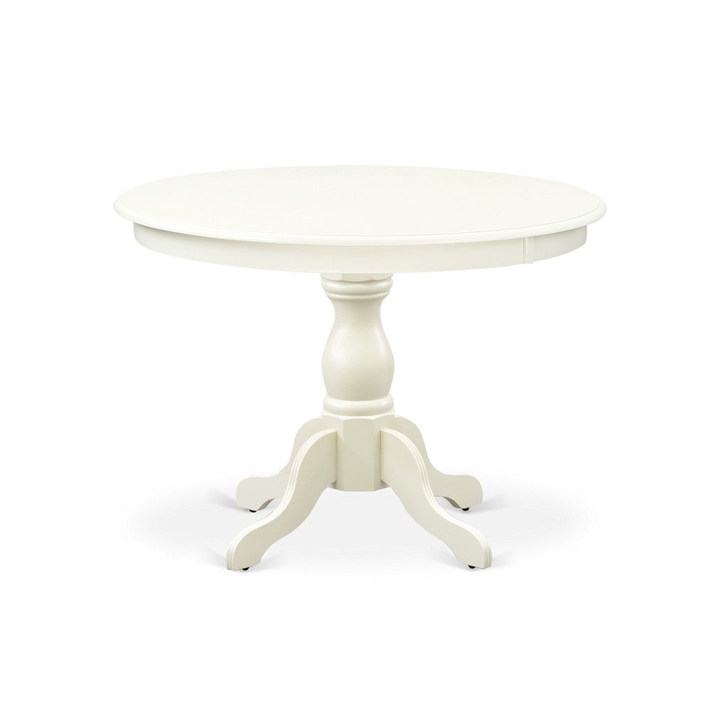 East West Furniture HBAB3-LWH-64 3 Piece Dining Room Table Set Contains a Round Kitchen Table with Pedestal and 2 White Faux Leather Parson Dining Chairs, 42x42 Inch, Linen White