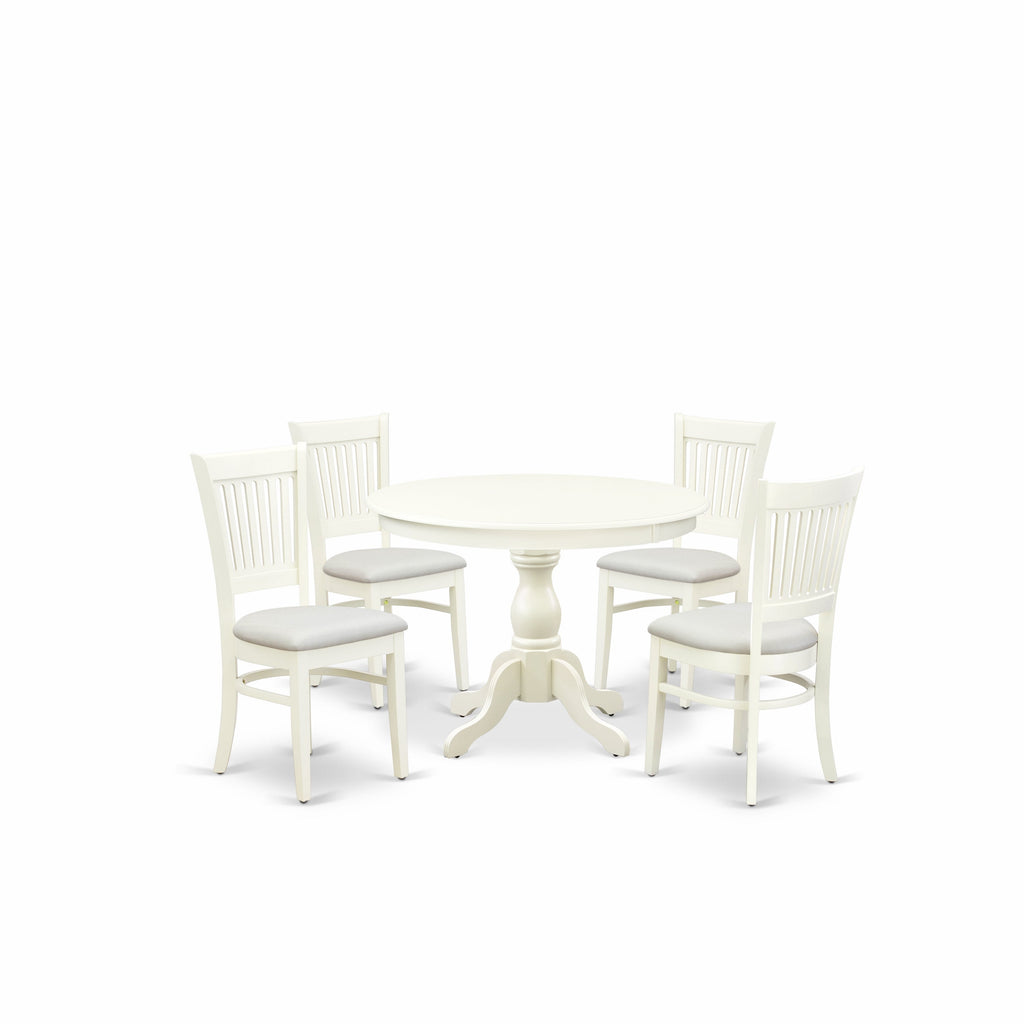 East West Furniture HBVA5-LWH-C 5 Piece Dining Table Set for 4 Includes a Round Kitchen Table with Pedestal and 4 Linen Fabric Upholstered Dinette Chairs, 42x42 Inch, Linen White
