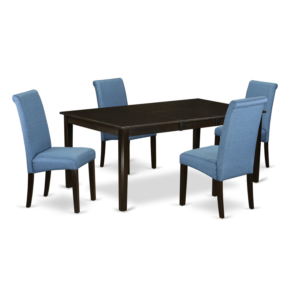 East West Furniture HEBA5-CAP-21 5 Piece Dining Set Includes a Rectangle Dining Room Table with Pedestal and 4 Blue Color Linen Fabric Upholstered Parson Chairs, 42x72 Inch, Cappuccino