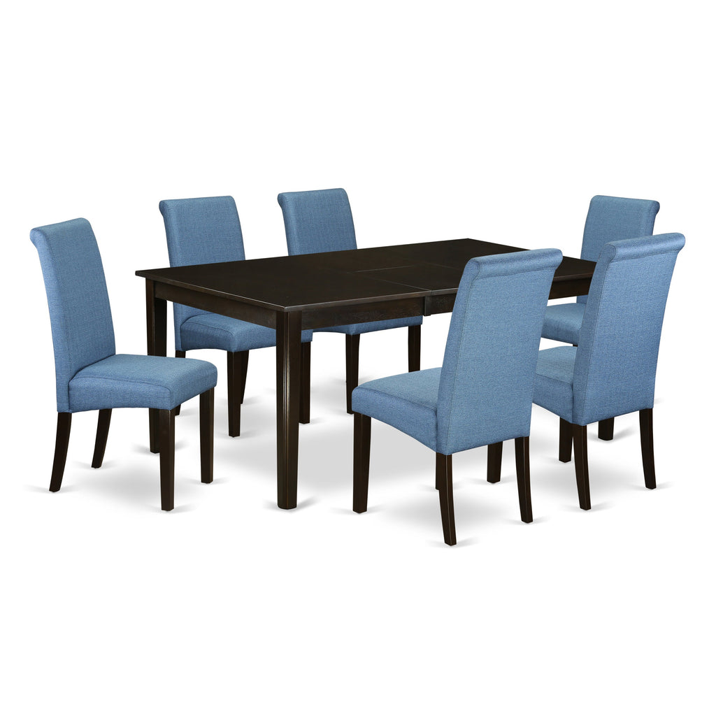 East West Furniture HEBA7-CAP-21 7 Piece Dining Set Consist of a Rectangle Dining Room Table with Pedestal and 6 Blue Color Linen Fabric Upholstered Chairs, 42x72 Inch, Cappuccino