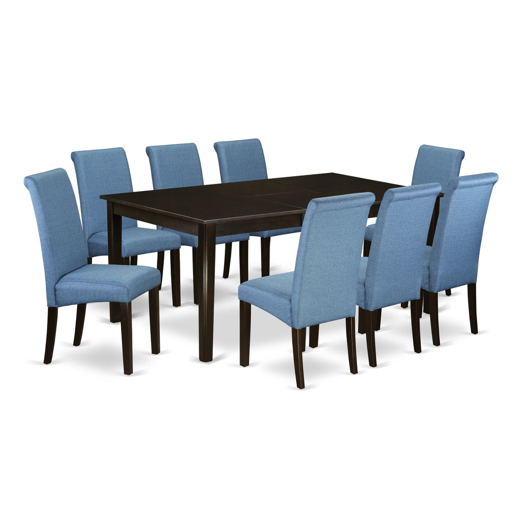 East West Furniture HEBA9-CAP-21 9 Piece Dining Room Set Includes a Rectangle Kitchen Table with Pedestal and 8 Blue Color Linen Fabric Parson Dining Chairs, 42x72 Inch, Cappuccino