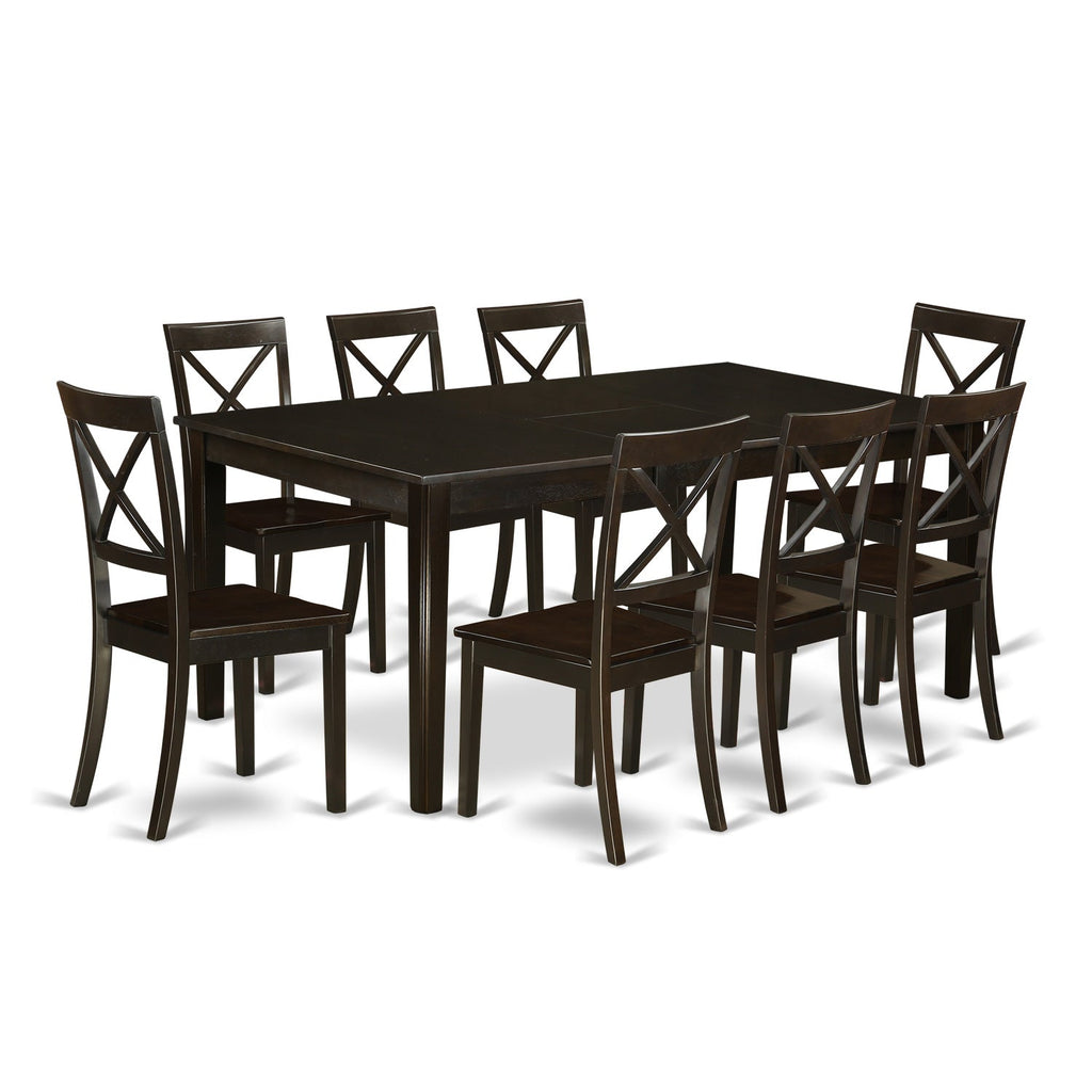 East West Furniture HEBO9-CAP-W 9 Piece Dining Table Set Includes a Rectangle Dining Room Table with Pedestal and 8 Wood Seat Chairs, 42x72 Inch, Cappuccino
