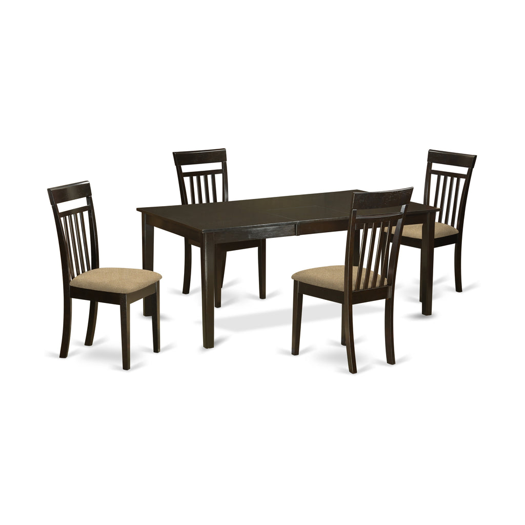 East West Furniture HECA5-CAP-C 5 Piece Dining Set Includes a Rectangle Dining Room Table with Pedestal and 4 Linen Fabric Upholstered Kitchen Chairs, 42x72 Inch, Cappuccino