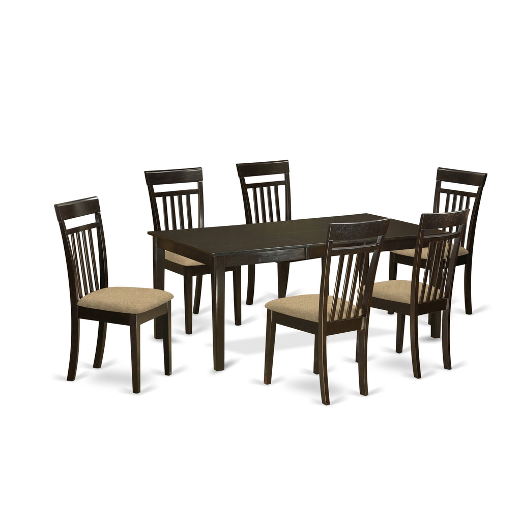 East West Furniture HECA7-CAP-C 7 Piece Modern Dining Table Set Consist of a Rectangle Wooden Table with Pedestal and 6 Linen Fabric Dining Room Chairs, 42x72 Inch, Cappuccino