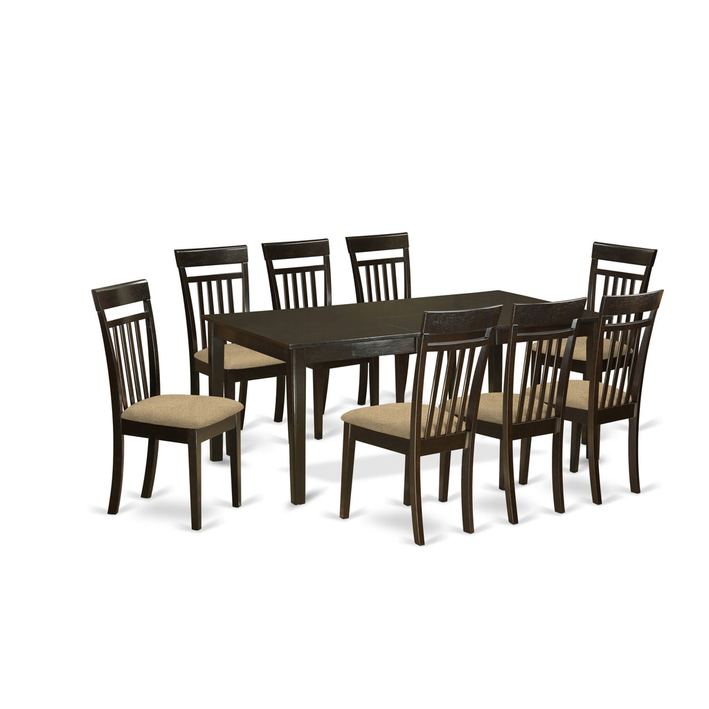 East West Furniture HECA9-CAP-C 9 Piece Dining Set Includes a Rectangle Dining Room Table with Pedestal and 8 Linen Fabric Upholstered Kitchen Chairs, 42x72 Inch, Cappuccino