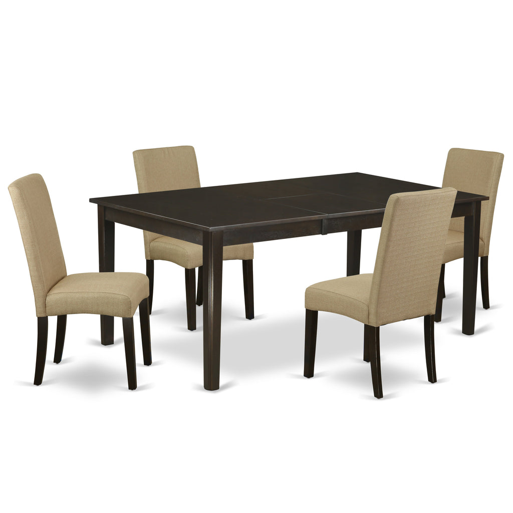 East West Furniture HEDR5-CAP-03 5 Piece Dining Room Furniture Set Includes a Rectangle Dining Table with Pedestal and 4 Brown Linen Fabric Parsons Chairs, 42x72 Inch, Cappuccino