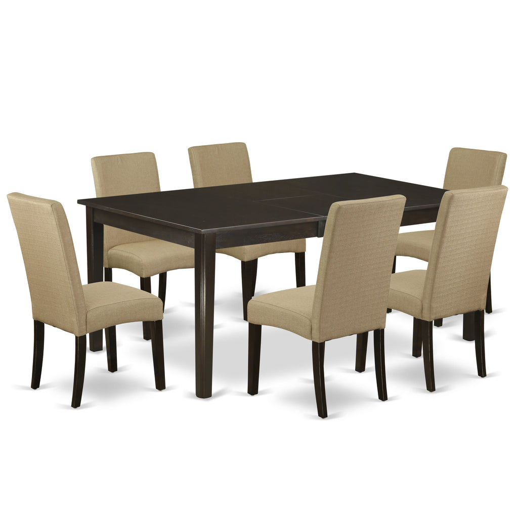 East West Furniture HEDR7-CAP-03 7 Piece Kitchen Table & Chairs Set Consist of a Rectangle Dining Table with Pedestal and 6 Brown Linen Fabric Parson Chairs, 42x72 Inch, Cappuccino