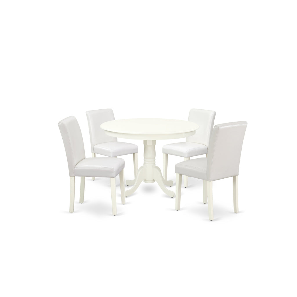 East West Furniture HLAB5-LWH-64 5 Piece Dining Set Includes a Round Dining Room Table with Pedestal and 4 White Faux Leather Upholstered Parson Chairs, 42x42 Inch, Linen White