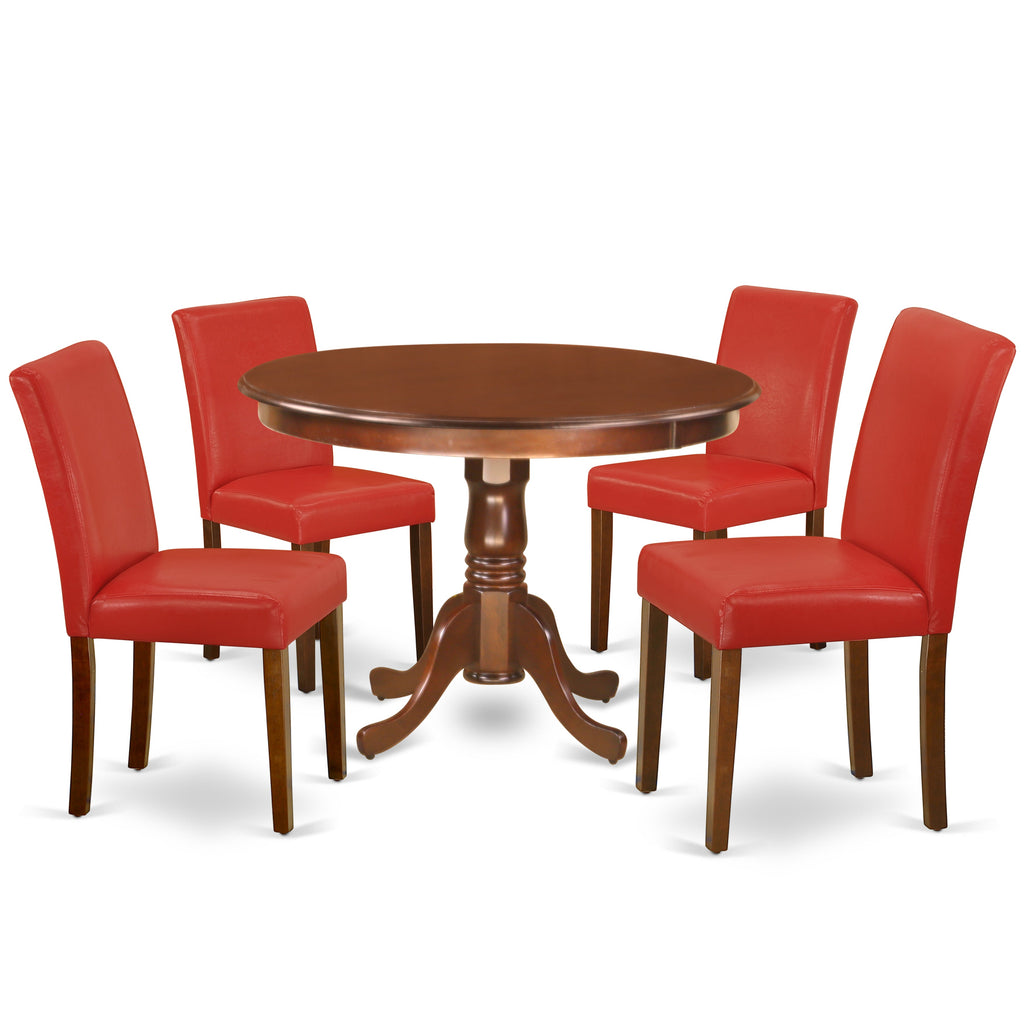 East West Furniture HLAB5-MAH-72 5 Piece Dining Room Table Set Includes a Round Dining Table with Pedestal and 4 Firebrick Red Faux Leather Upholstered Chairs, 42x42 Inch, Mahogany