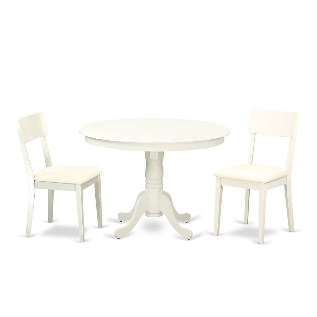 East West Furniture HLAD3-LWH-LC 3 Piece Dining Table Set for Small Spaces Contains a Round Dining Room Table with Pedestal and 2 Faux Leather Upholstered Chairs, 42x42 Inch, Linen White