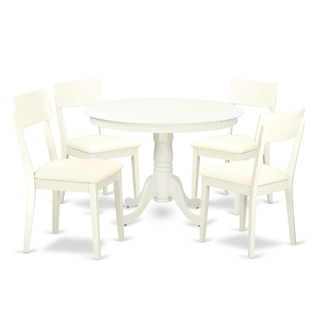 East West Furniture HLAD5-LWH-LC 5 Piece Dinette Set for 4 Includes a Round Dining Table with Pedestal and 4 Faux Leather Dining Room Chairs, 42x42 Inch, Linen White