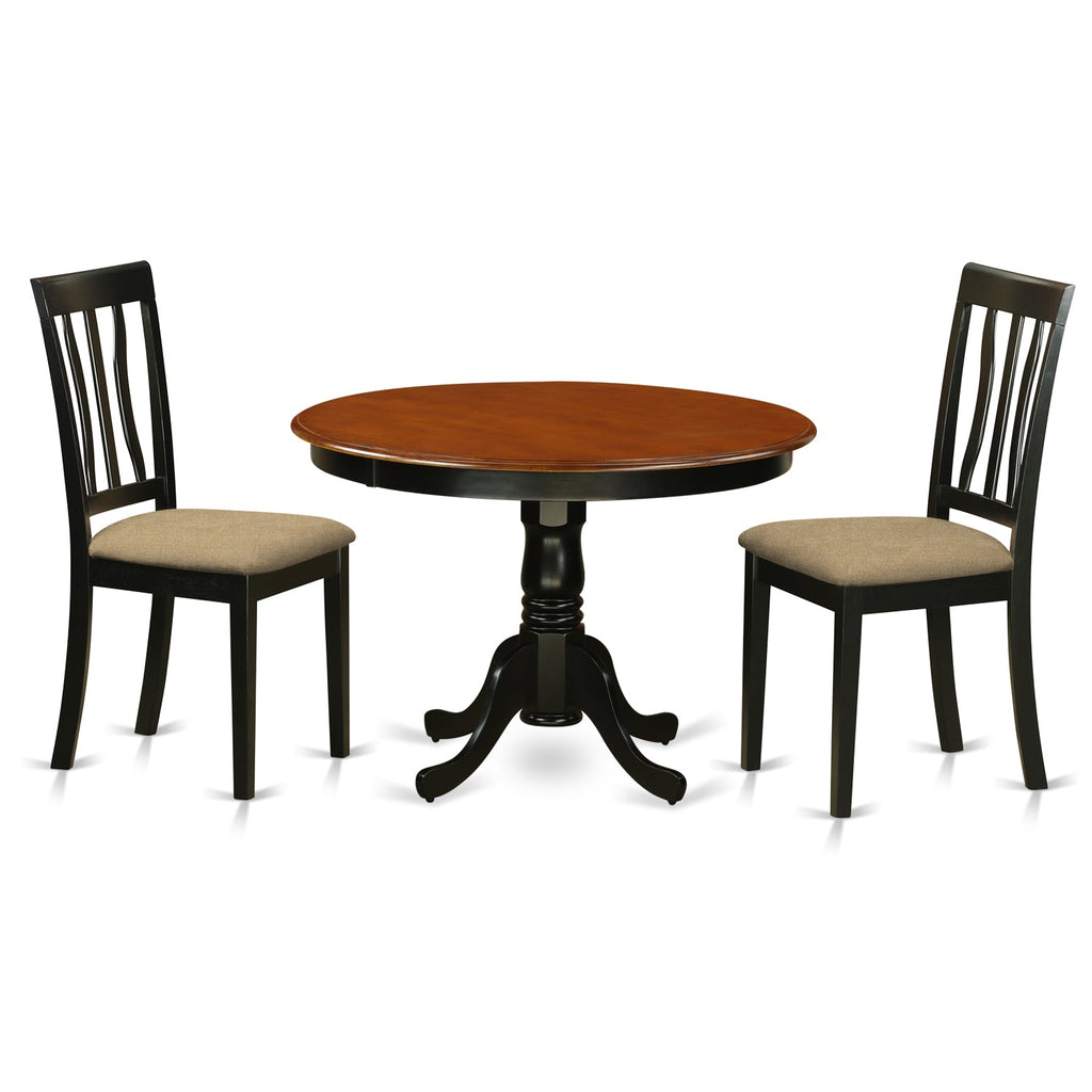 East West Furniture HLAN3-BCH-C 3 Piece Modern Dining Table Set Contains a Round Wooden Table with Pedestal and 2 Linen Fabric Kitchen Dining Chairs, 42x42 Inch, Black & Cherry