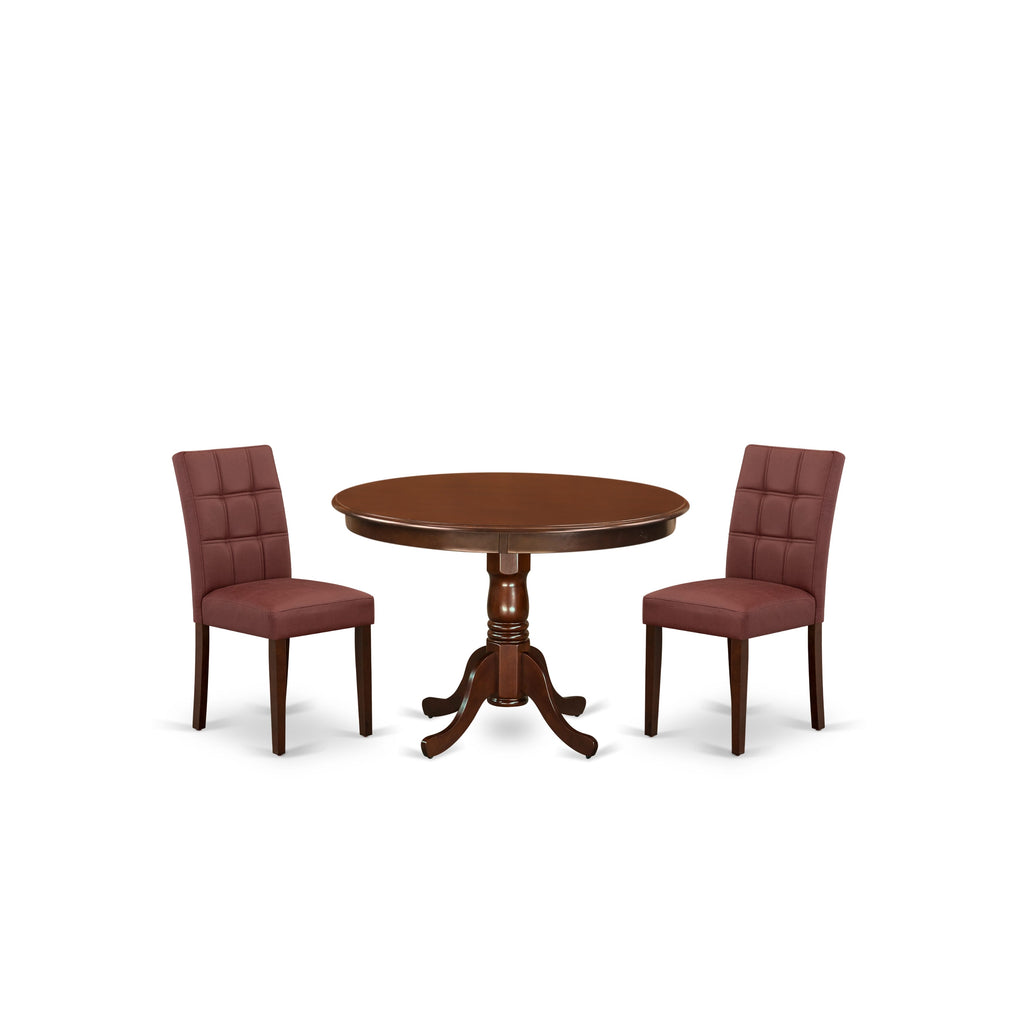 East West Furniture HLAS3-MAH-26 3 Piece Modern Dining Table Set Includes A Wood Dining Table and 2 Burgundy Faux Leather Mid Century Modern Chairs, Mahogany