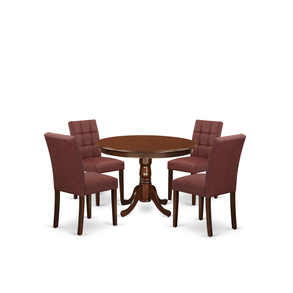 East West Furniture HLAS5-MAH-26 5 Piece Modern Dining Set contain A Mid Century Modern Dining Table and 4 Burgundy Faux Leather Upholstered Dining Chairs, Mahogany