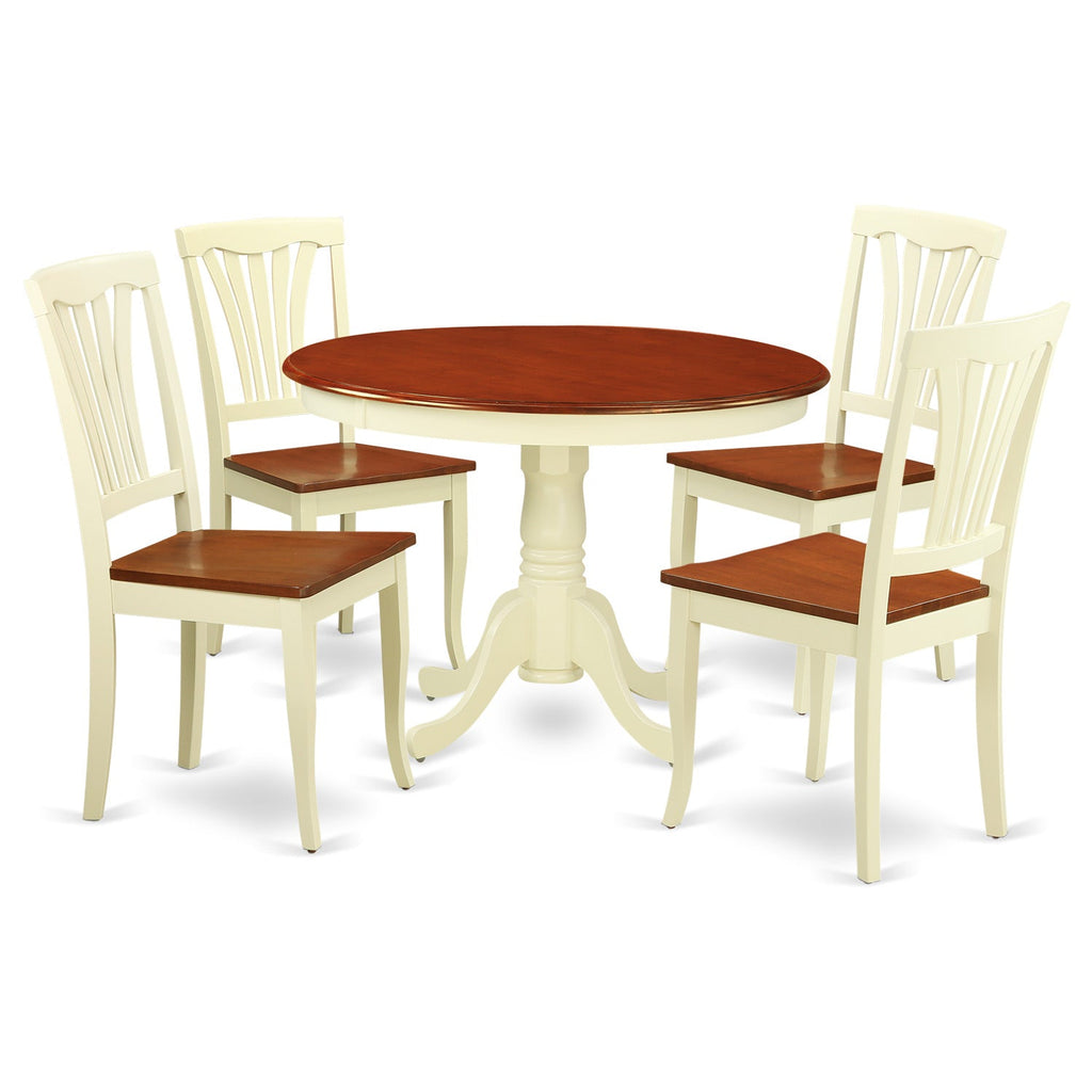 East West Furniture HLAV5-BMK-W 5 Piece Kitchen Table Set for 4 Includes a Round Dining Table with Pedestal and 4 Dining Room Chairs, 42x42 Inch, Buttermilk & Cherry