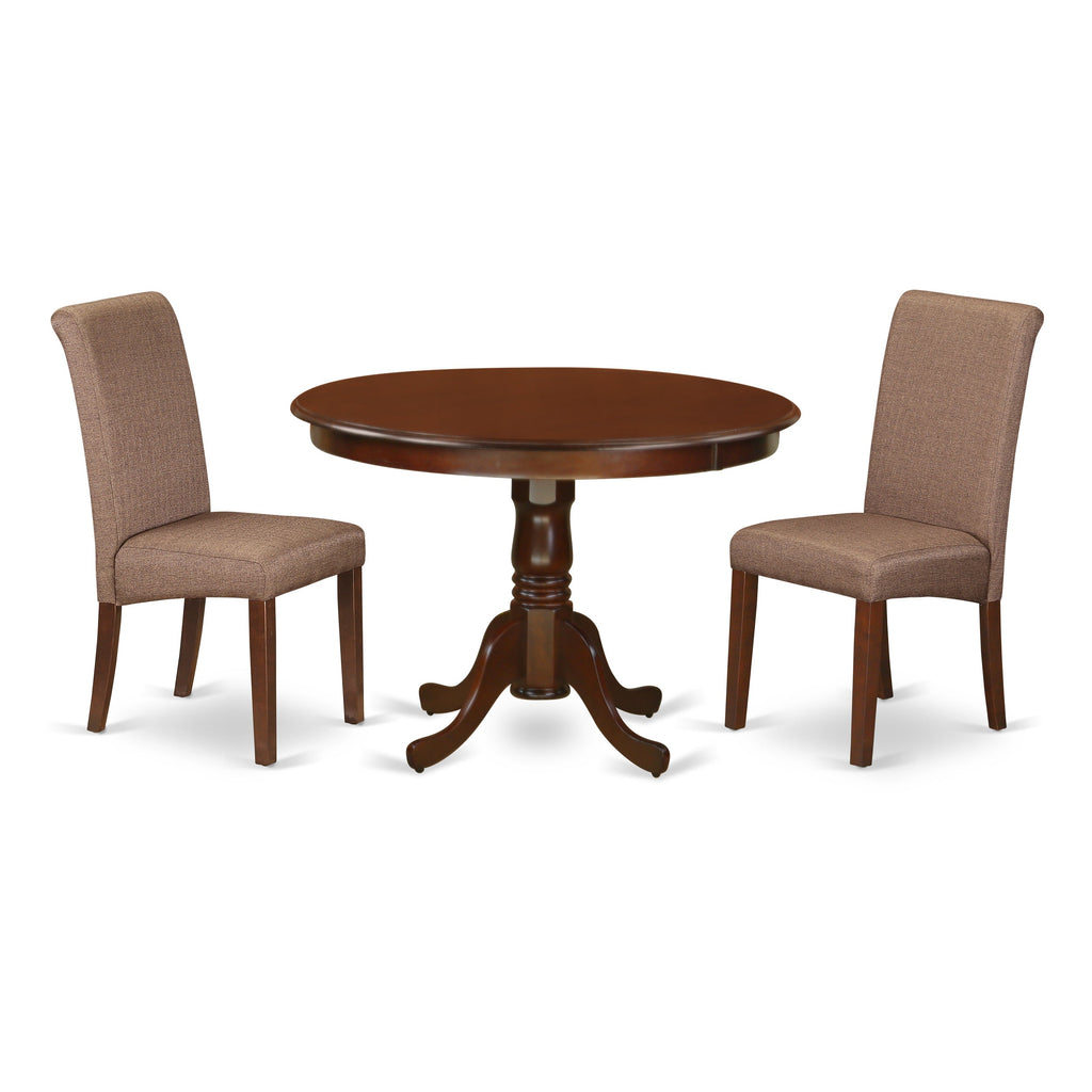 East West Furniture HLBA3-MAH-18 3 Piece Dining Room Table Set Contains a Round Kitchen Table with Pedestal and 2 Brown Linen Linen Fabric Parson Dining Chairs, 42x42 Inch, Mahogany