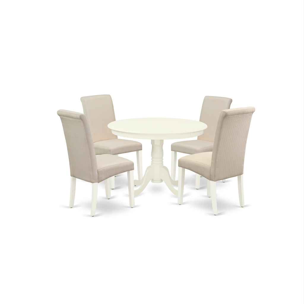 East West Furniture HLBA5-LWH-01 5 Piece Dining Table Set for 4 Includes a Round Kitchen Table with Pedestal and 4 Cream Linen Fabric Parson Dining Room Chairs, 42x42 Inch, Linen White