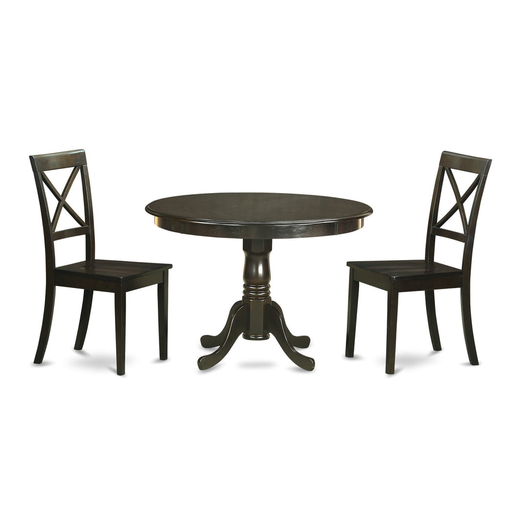 East West Furniture HLBO3-CAP-W 3 Piece Modern Dining Table Set Contains a Round Wooden Table with Pedestal and 2 Kitchen Dining Chairs, 42x42 Inch, Cappuccino