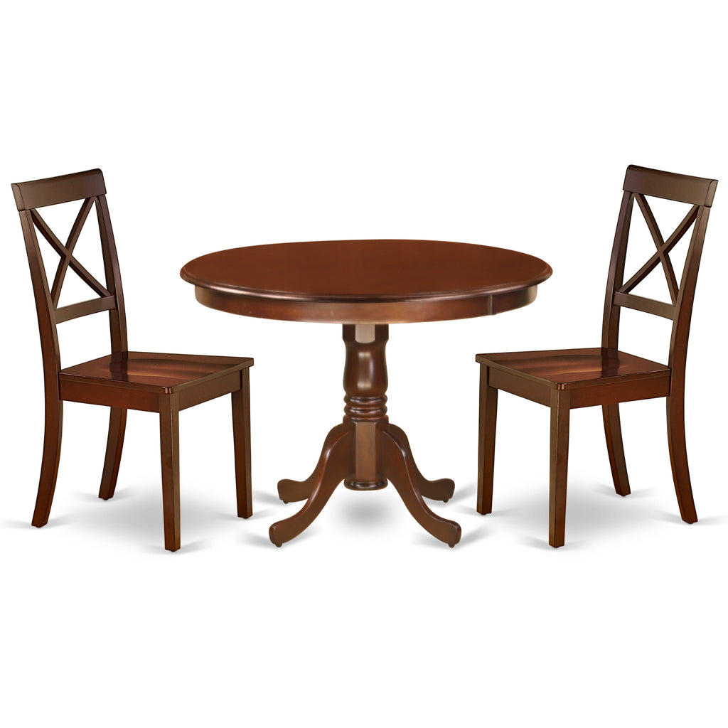 East West Furniture HLBO3-MAH-W 3 Piece Dining Room Furniture Set Contains a Round Kitchen Table with Pedestal and 2 Dining Chairs, 42x42 Inch, Mahogany