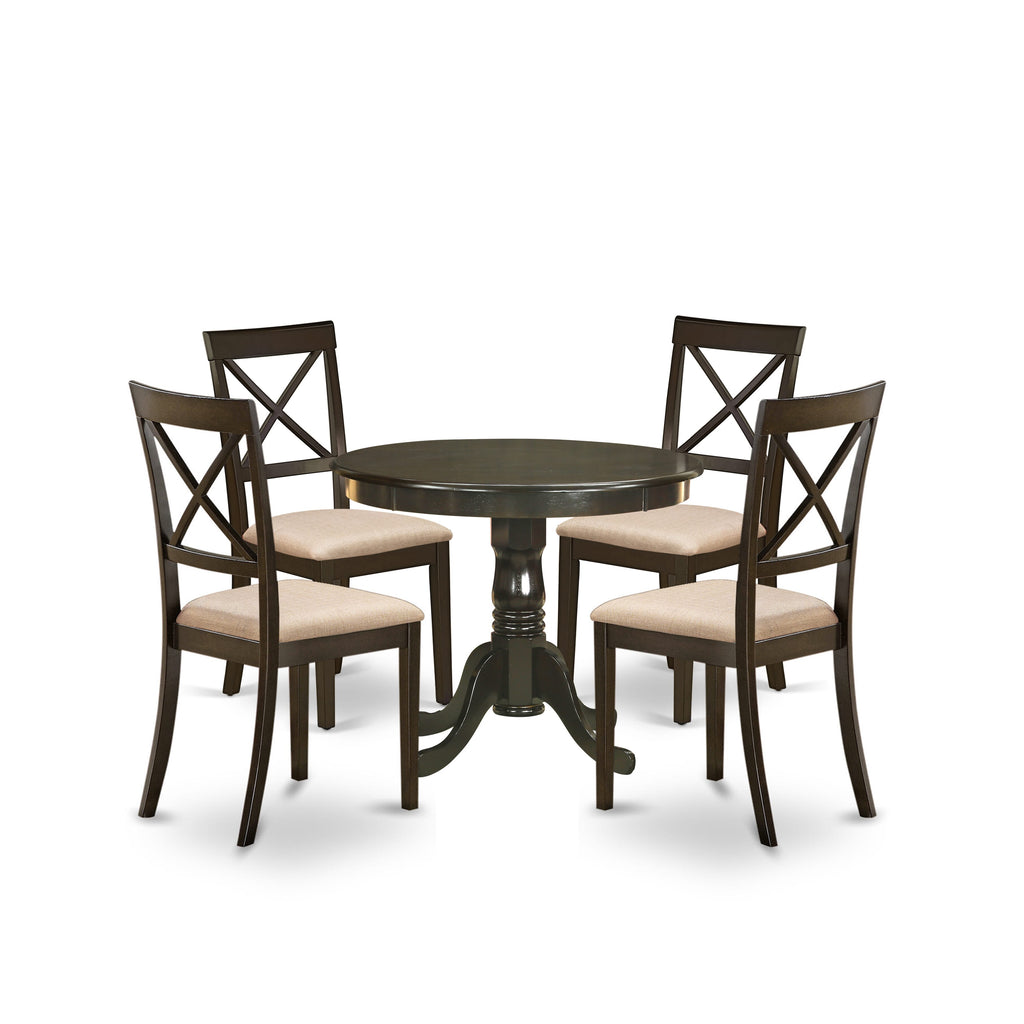 East West Furniture HLBO5-CAP-C 5 Piece Dining Room Furniture Set Includes a Round Dining Table with Pedestal and 4 Linen Fabric Upholstered Chairs, 42x42 Inch, Cappuccino