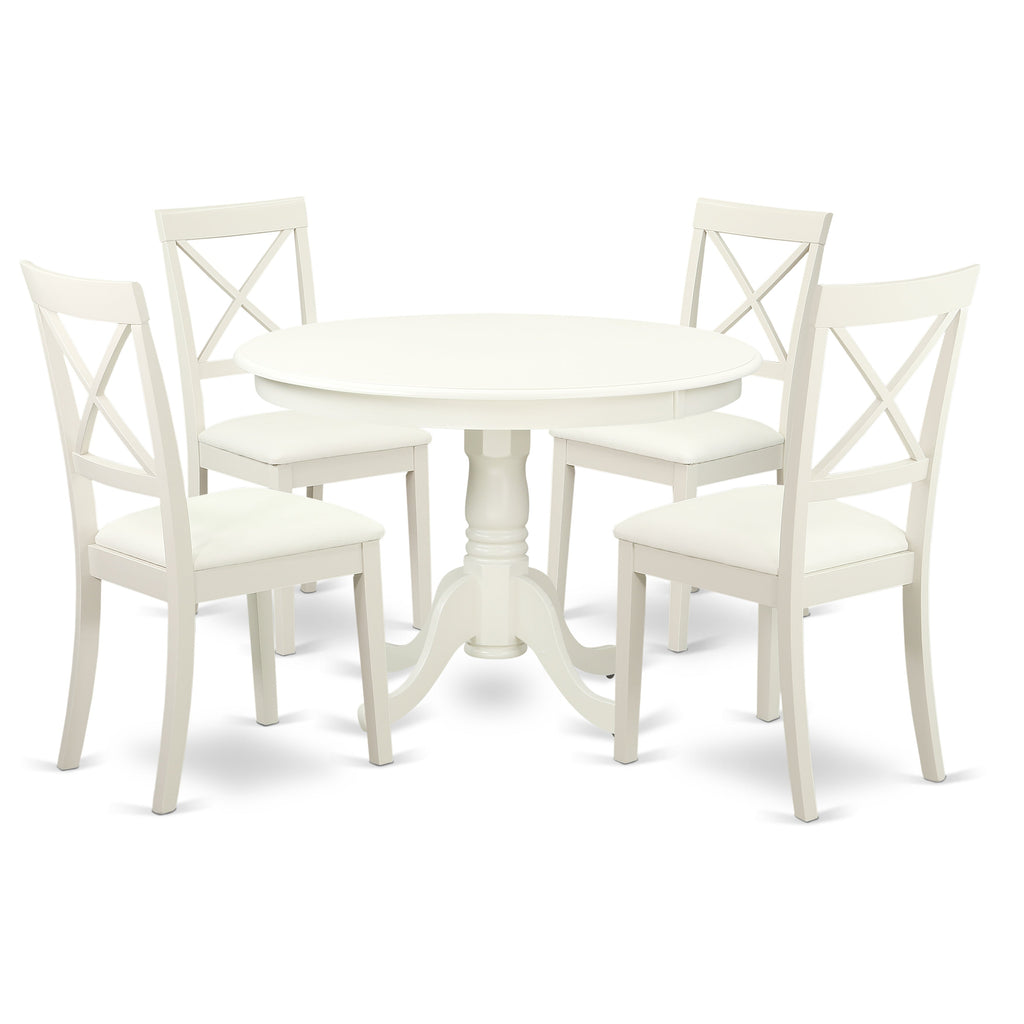 East West Furniture HLBO5-LWH-LC 5 Piece Dining Set Includes a Round Dining Room Table with Pedestal and 4 Faux Leather Upholstered Chairs, 42x42 Inch, Linen White