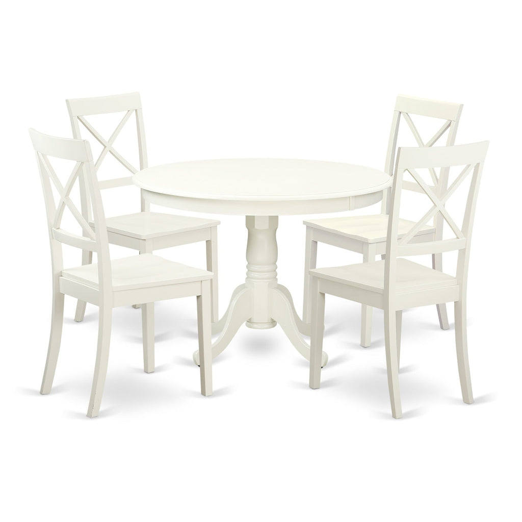 East West Furniture HLBO5-LWH-W 5 Piece Dinette Set for 4 Includes a Round Dining Room Table with Pedestal and 4 Kitchen Dining Chairs, 42x42 Inch, Linen White