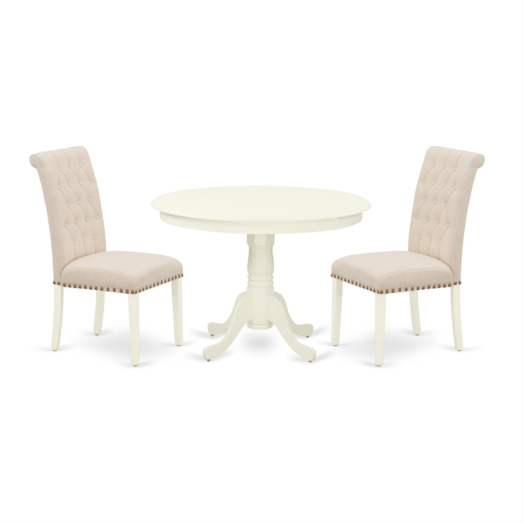 East West Furniture HLBR3-LWH-02 3 Piece Dining Table Set Contains a Round Dining Room Table with Pedestal and 2 Light Beige Linen Fabric Upholstered Chairs, 42x42 Inch, Linen White