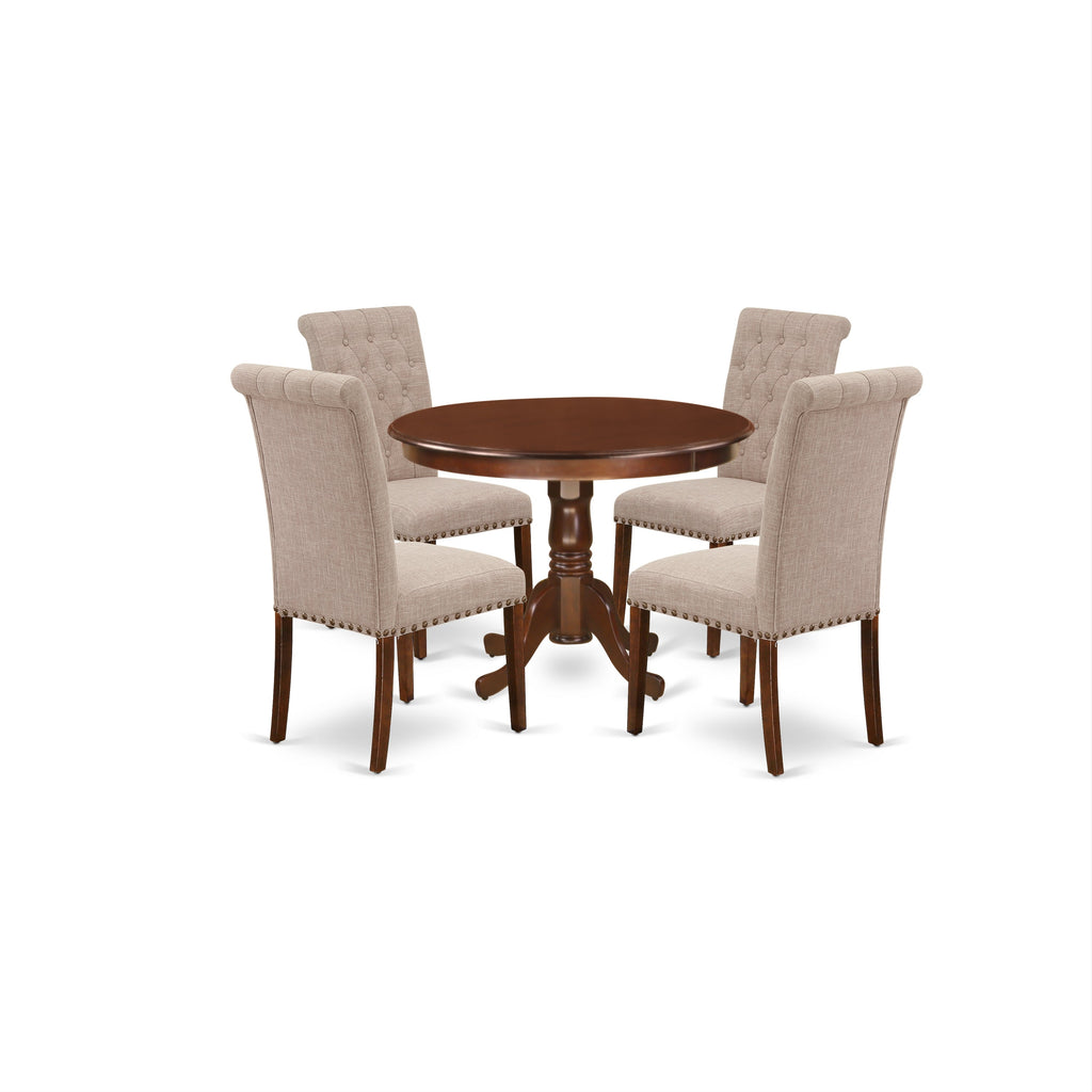 East West Furniture HLBR5-MAH-04 5 Piece Dining Set Includes a Round Dining Room Table with Pedestal and 4 Light Tan Linen Fabric Upholstered Parson Chairs, 42x42 Inch, Mahogany