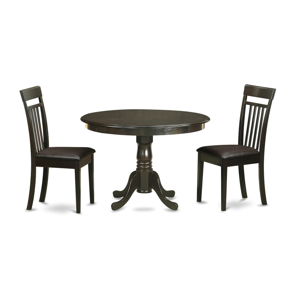 East West Furniture HLCA3-CAP-LC 3 Piece Modern Dining Table Set Contains a Round Wooden Table with Pedestal and 2 Faux Leather Dining Room Chairs, 42x42 Inch, Cappuccino