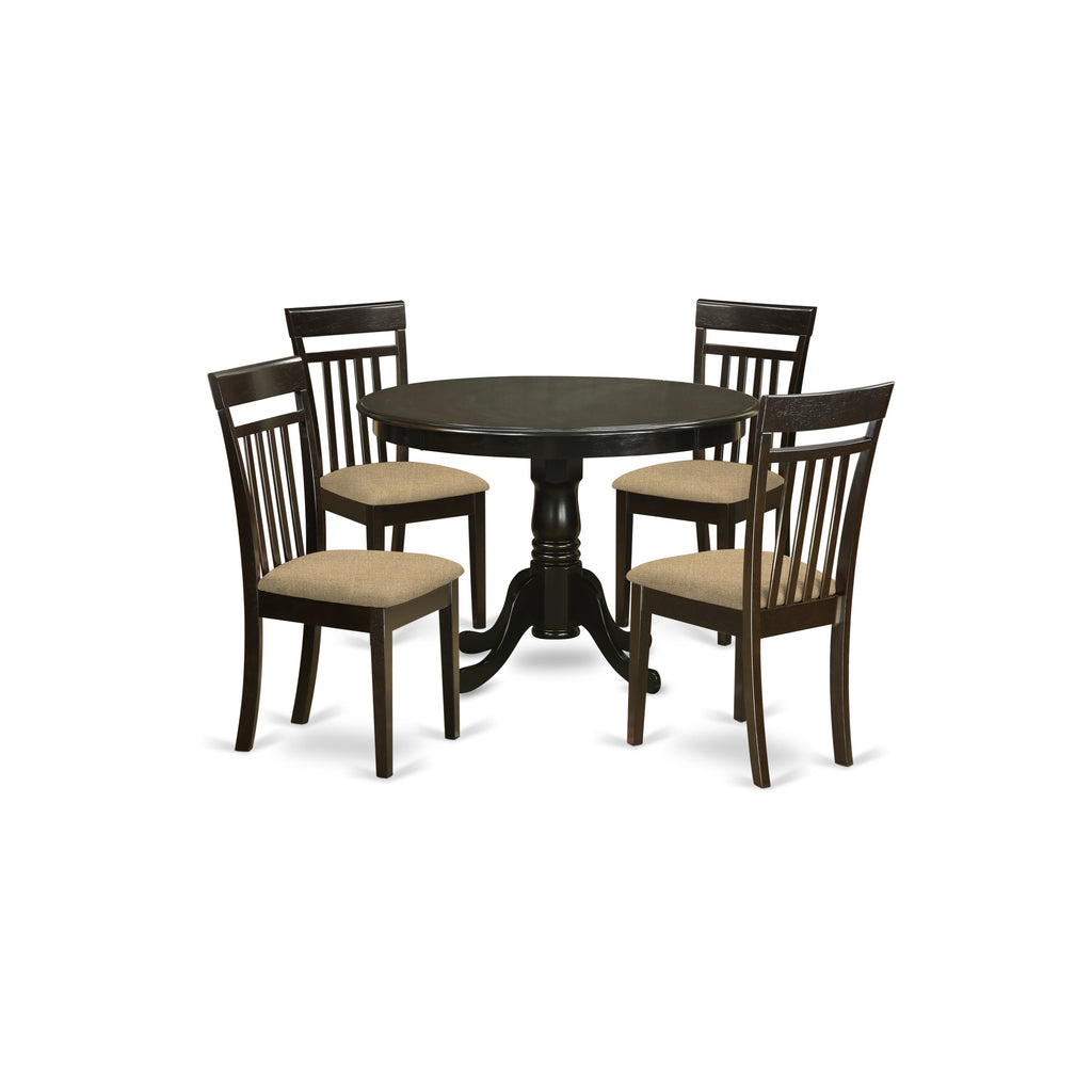 East West Furniture HLCA5-CAP-C 5 Piece Dinette Set for 4 Includes a Round Dining Room Table with Pedestal and 4 Linen Fabric Kitchen Dining Chairs, 42x42 Inch, Cappuccino