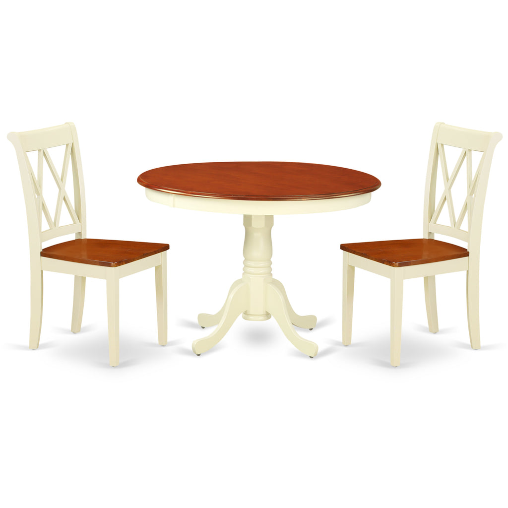 East West Furniture HLCL3-BMK-W 3 Piece Kitchen Table & Chairs Set Contains a Round Dining Table with Pedestal and 2 Dining Room Chairs, 42x42 Inch, Buttermilk & Cherry