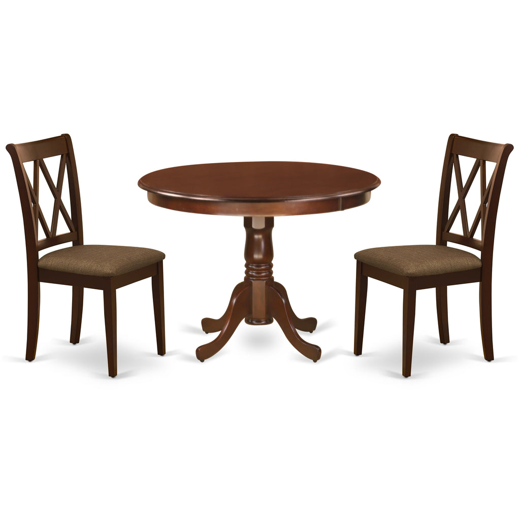 East West Furniture HLCL3-MAH-C 3 Piece Dining Room Furniture Set Contains a Round Kitchen Table with Pedestal and 2 Linen Fabric Upholstered Dining Chairs, 42x42 Inch, Mahogany