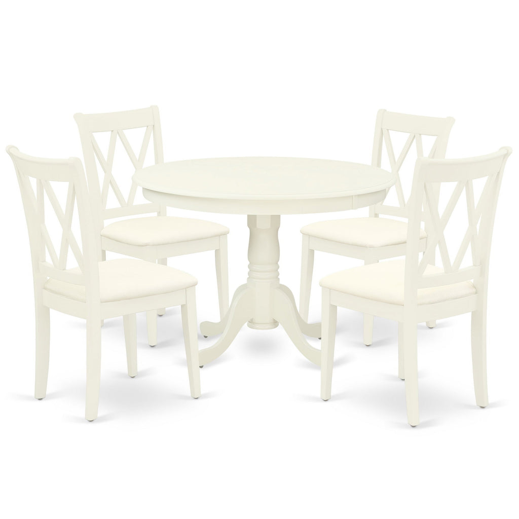 East West Furniture HLCL5-LWH-C 5 Piece Dining Room Table Set Includes a Round Dining Table with Pedestal and 4 Linen Fabric Upholstered Chairs, 42x42 Inch, Linen White