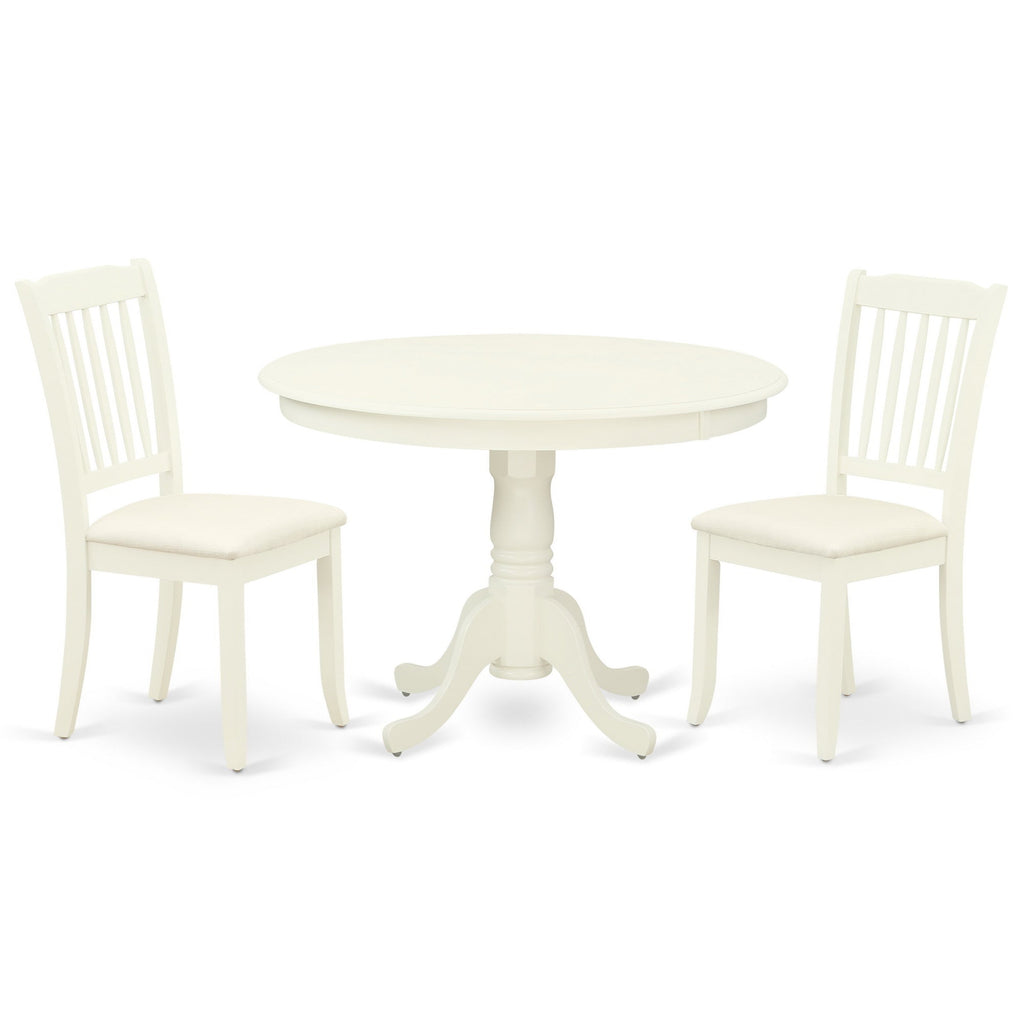 East West Furniture HLDA3-LWH-C 3 Piece Dining Room Table Set Contains a Round Kitchen Table with Pedestal and 2 Linen Fabric Upholstered Dining Chairs, 42x42 Inch, Linen White