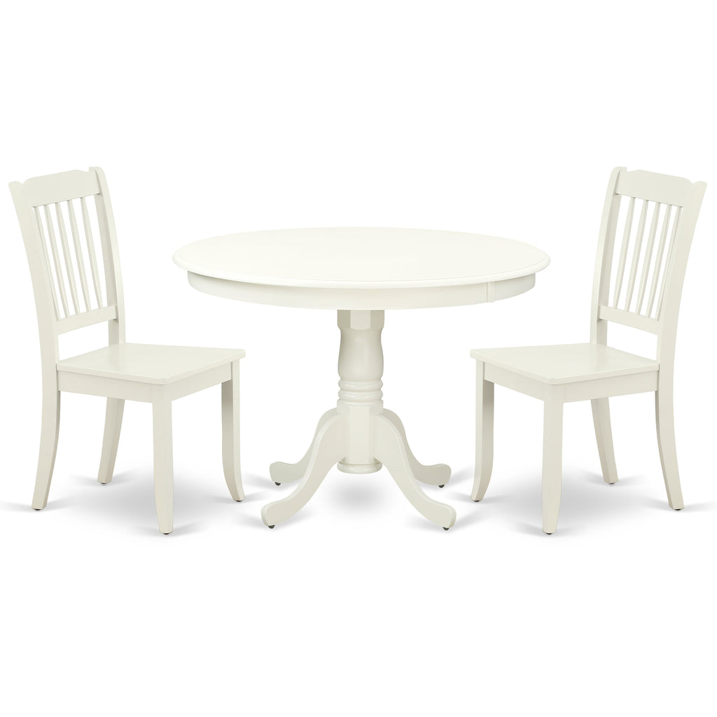 East West Furniture HLDA3-LWH-W 3 Piece Dinette Set for Small Spaces Contains a Round Dining Table with Pedestal and 2 Dining Room Chairs, 42x42 Inch, Linen White