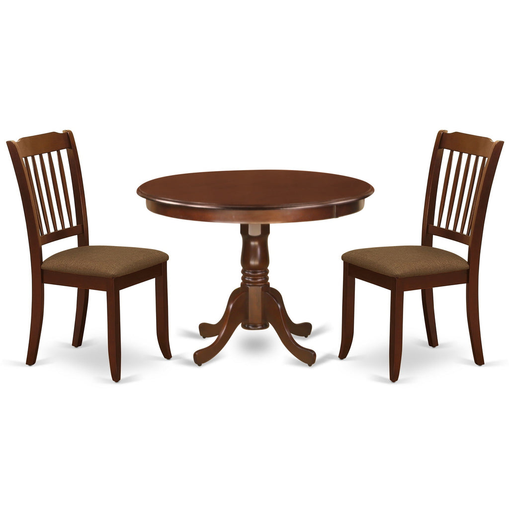 East West Furniture HLDA3-MAH-C 3 Piece Dining Room Table Set Contains a Round Kitchen Table with Pedestal and 2 Linen Fabric Upholstered Dining Chairs, 42x42 Inch, Mahogany