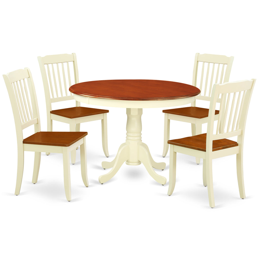 East West Furniture HLDA5-BMK-W 5 Piece Modern Dining Table Set Includes a Round Wooden Table with Pedestal and 4 Dining Room Chairs, 42x42 Inch, Buttermilk & Cherry
