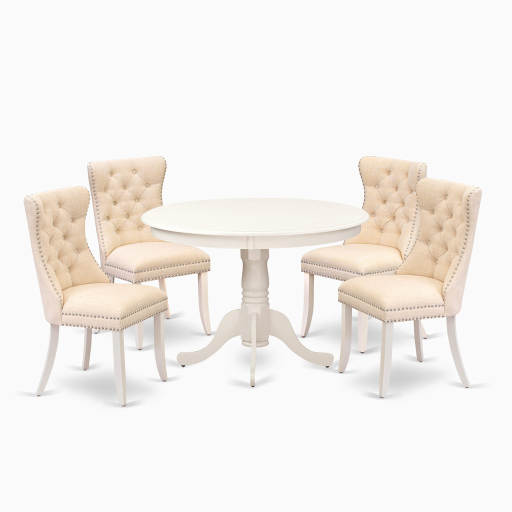 East West Furniture HLDA5-LWH-32 5 Piece Kitchen Table & Chairs Set Includes a Round Dining Table with Pedestal and 4 Padded Chairs, 42x42 Inch, linen white