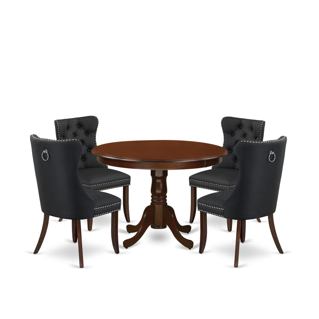 East West Furniture HLDA5-MAH-12 5 Piece Kitchen Table & Chairs Set Contains a Round Dining Table with Pedestal and 4 Upholstered Chairs, 42x42 Inch, Mahogany