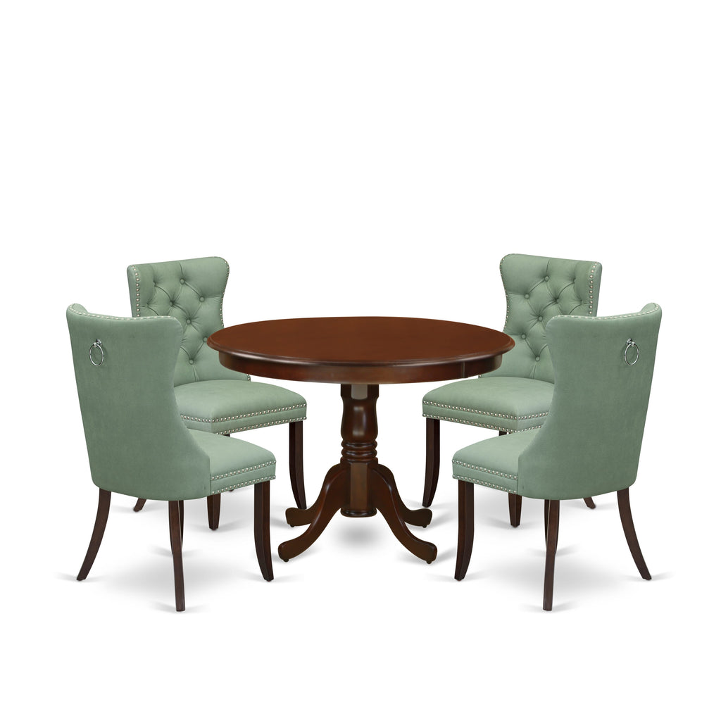 East West Furniture HLDA5-MAH-22 5 Piece Dining Room Set Includes a Round Kitchen Table with Pedestal and 4 Upholstered Parson Chairs, 42x42 Inch, Mahogany