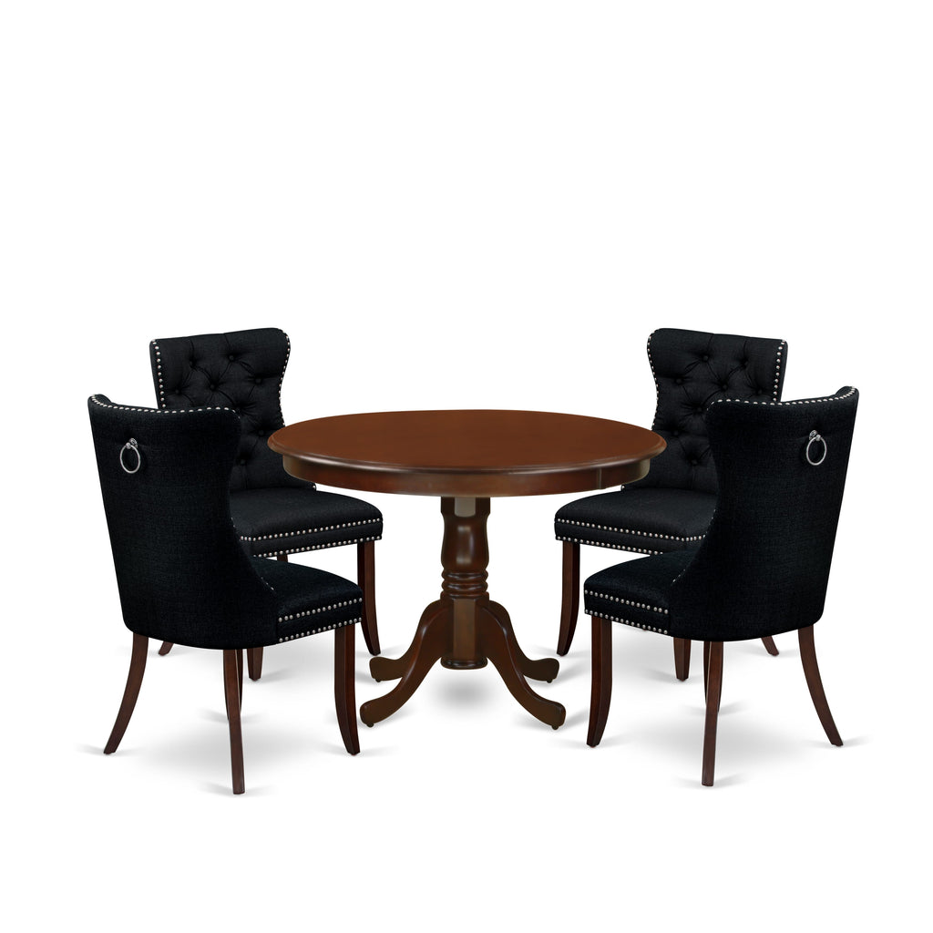 East West Furniture HLDA5-MAH-24 5 Piece Dining Room Table Set Includes a Round Wooden Table with Pedestal and 4 Upholstered Chairs, 42x42 Inch, Mahogany