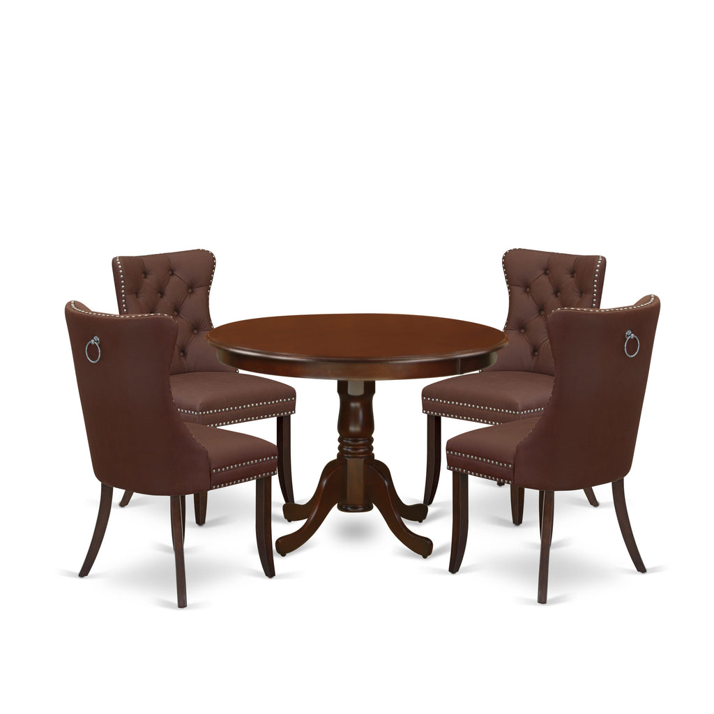 East West Furniture HLDA5-MAH-26 5 Piece Dinette Set Contains a Round Kitchen Table with Pedestal and 4 Parson Dining Room Chairs, 42x42 Inch, Mahogany