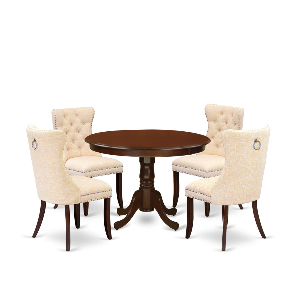 East West Furniture HLDA5-MAH-32 5 Piece Kitchen Table Set Includes a Round Dining Table with Pedestal and 4 Padded Chairs, 42x42 Inch, Mahogany